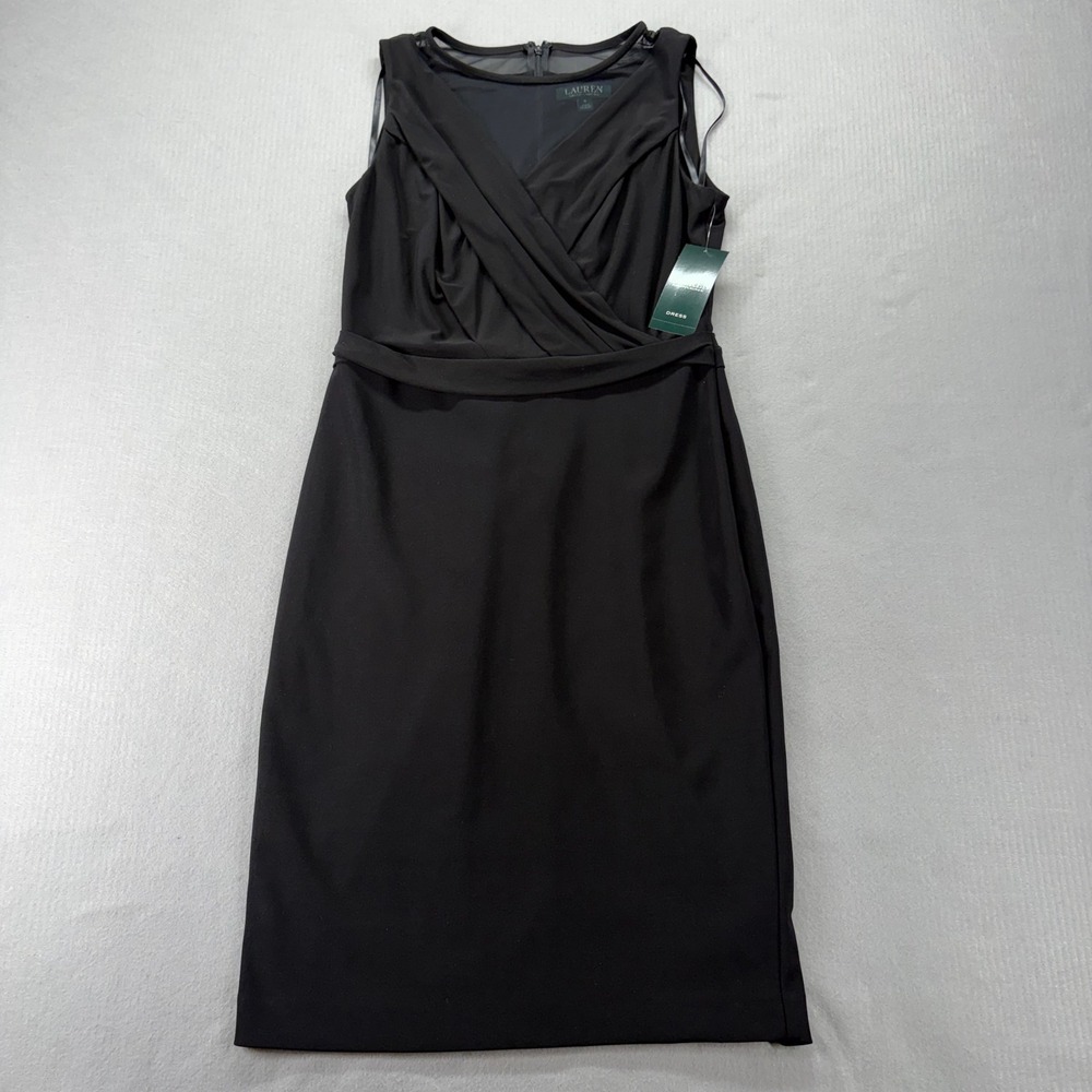 Lauren‎ Ralph Lauren Dress Womens 8 Black Surplice Mesh Sheath Sleeveless